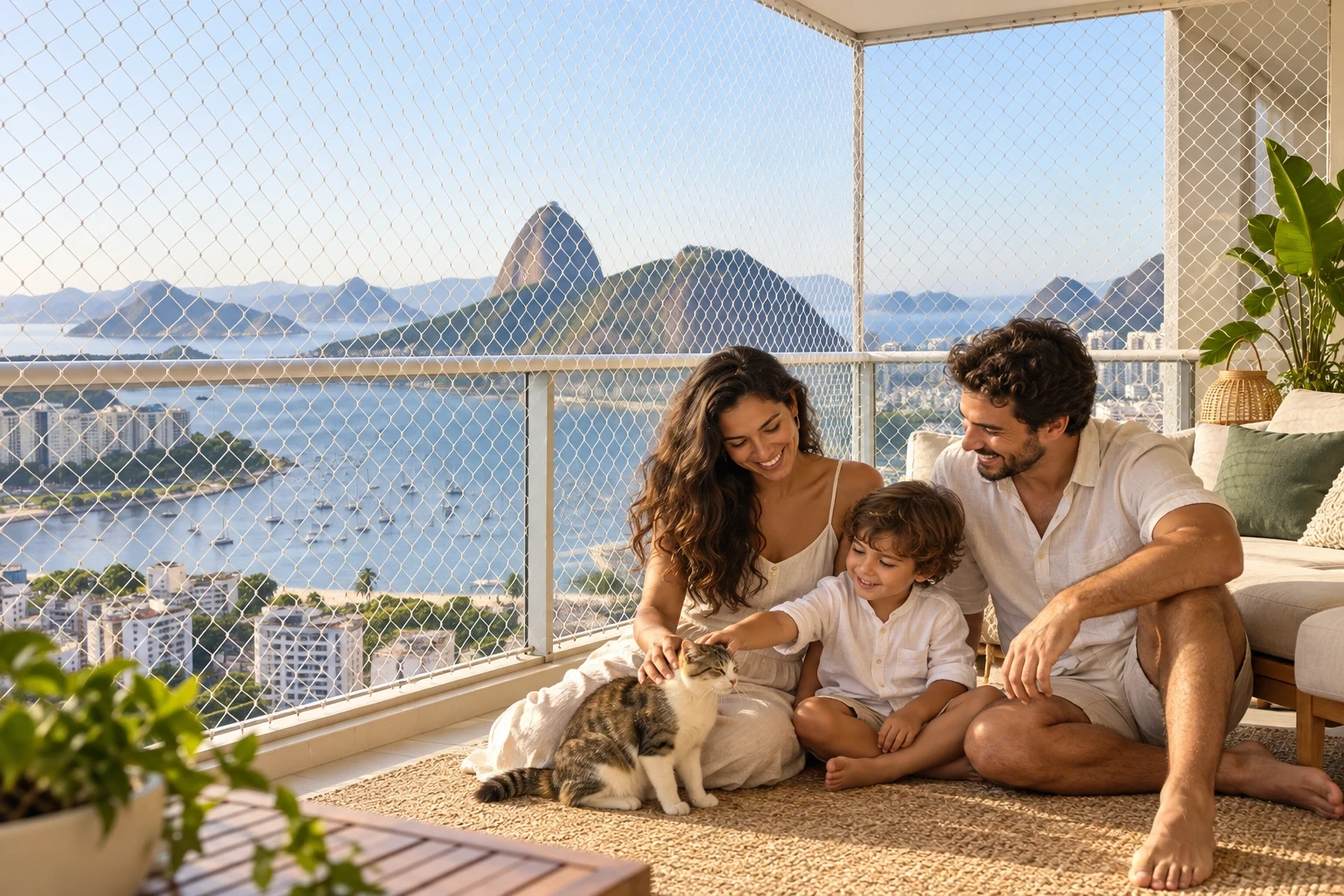 Família e gato em uma sacada com rede de proteção, com a paisagem do Rio de Janeiro ao fundo